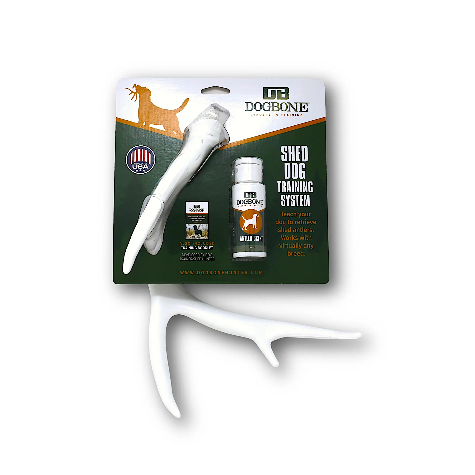 DogBone Shed Hunting Dog Training Kit – Train Your Puppy to Find Deer Antlers - Includes 2 oz Scent for Nosework & Flexible Floating Dummy for Retrieving - Perfect for Whitetail Hunters