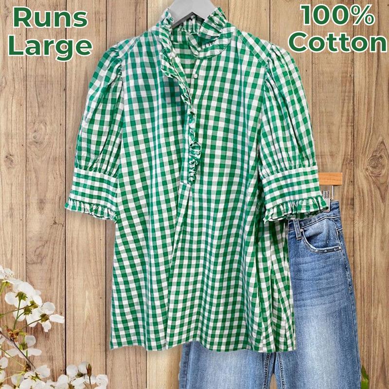 100% Cotton Green/Khaki/Red/Blue Gingham Check Shirt with Ruffle Neckline & Puff Sleeves Medium Length Women's Fashion Top Runs Large