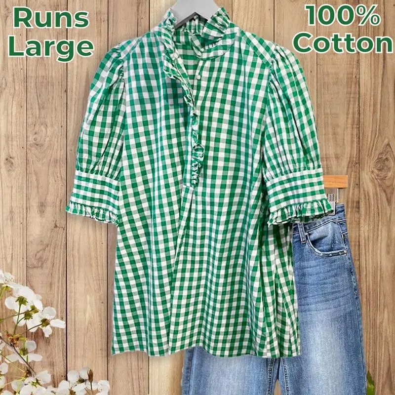 100% Cotton Green/Khaki/Red/Blue Gingham Check Shirt with Ruffle Neckline & Puff Sleeves Medium Length Women's Fashion Top Runs Large