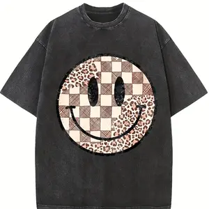 Retro Smiley Face T-shirt, Leopard Print Shirt, Checkered Smiley Face Shirt, Gift For Her, Women's T-shirt, Smiley Face