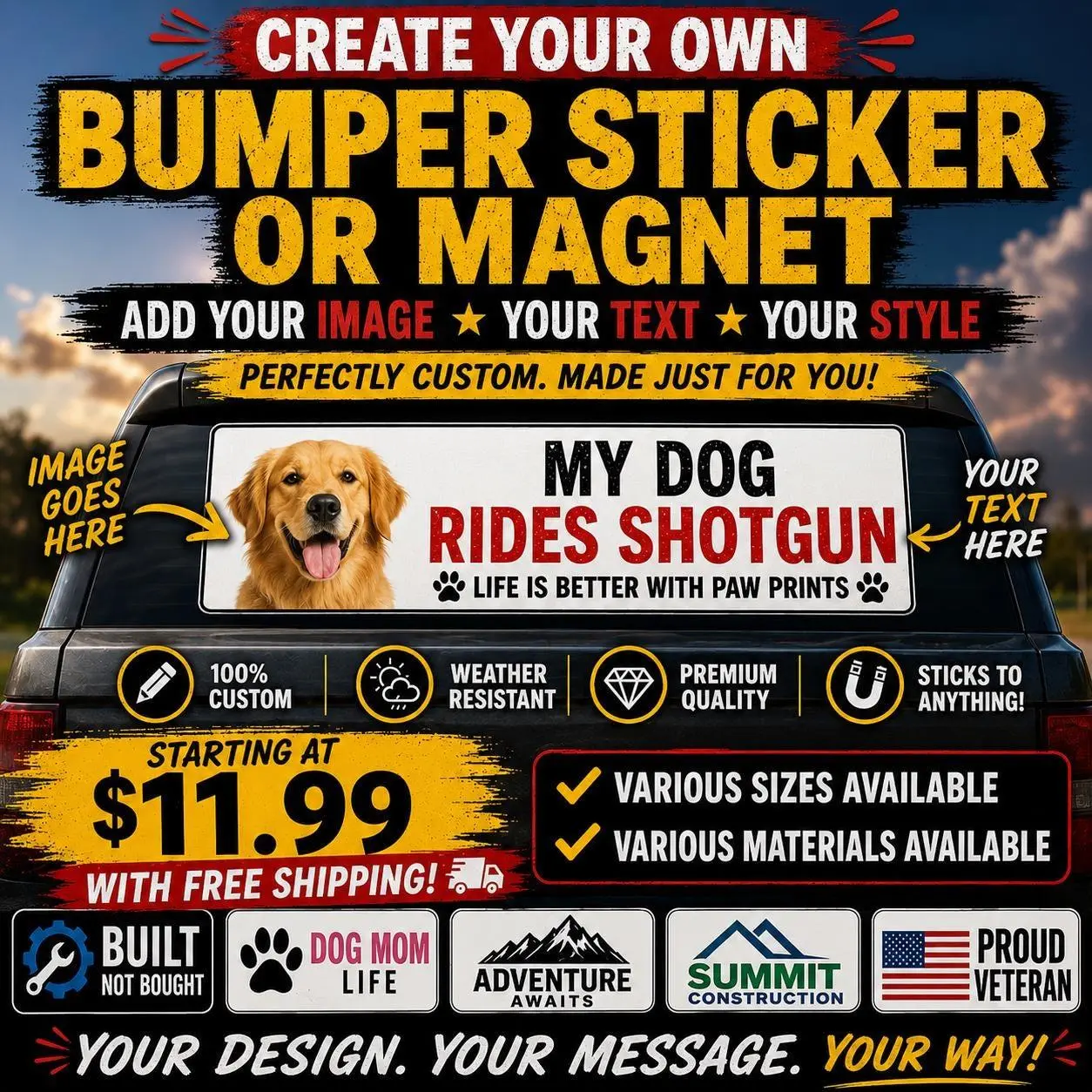 Custom Bumper Sticker or Magnet, Personalized Image and Text Car Decal, Custom Logo Sticker, Various Sizes and Materials