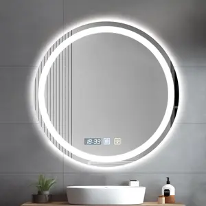 Bathroom Mirror with LED Lights, 60×60cm LED Illuminated Mirror with Anti-Fog and Touch Switch, Wall Mounted Vanity Mirrors with 3 Colour Dimmable Lights and Time Display
