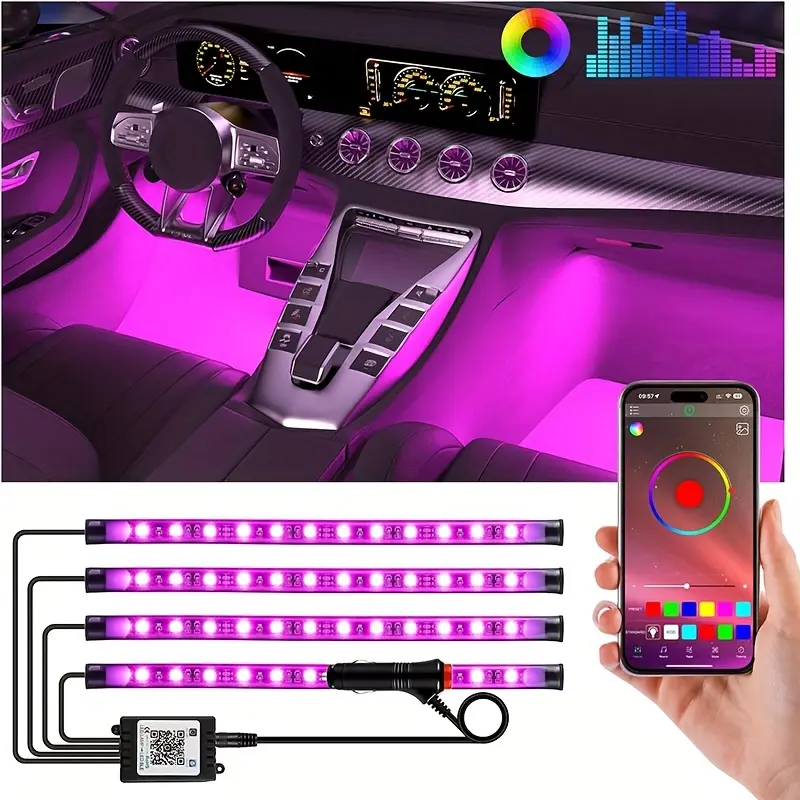 RGB Multi Colour Changing, Heartbeat Mode - Music Sync Mode Seven Colour Interior Decorative Ambient Kit, Footed Footrest Decoration, 12V Connecting Room Cord - Perfect for Parties And Festivals, Suitable for Most Vehicles!
