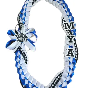 Graduation lei with name and bow / 3 colored lei / Customizable / Braided lei / Hawaiian style ribbon lei