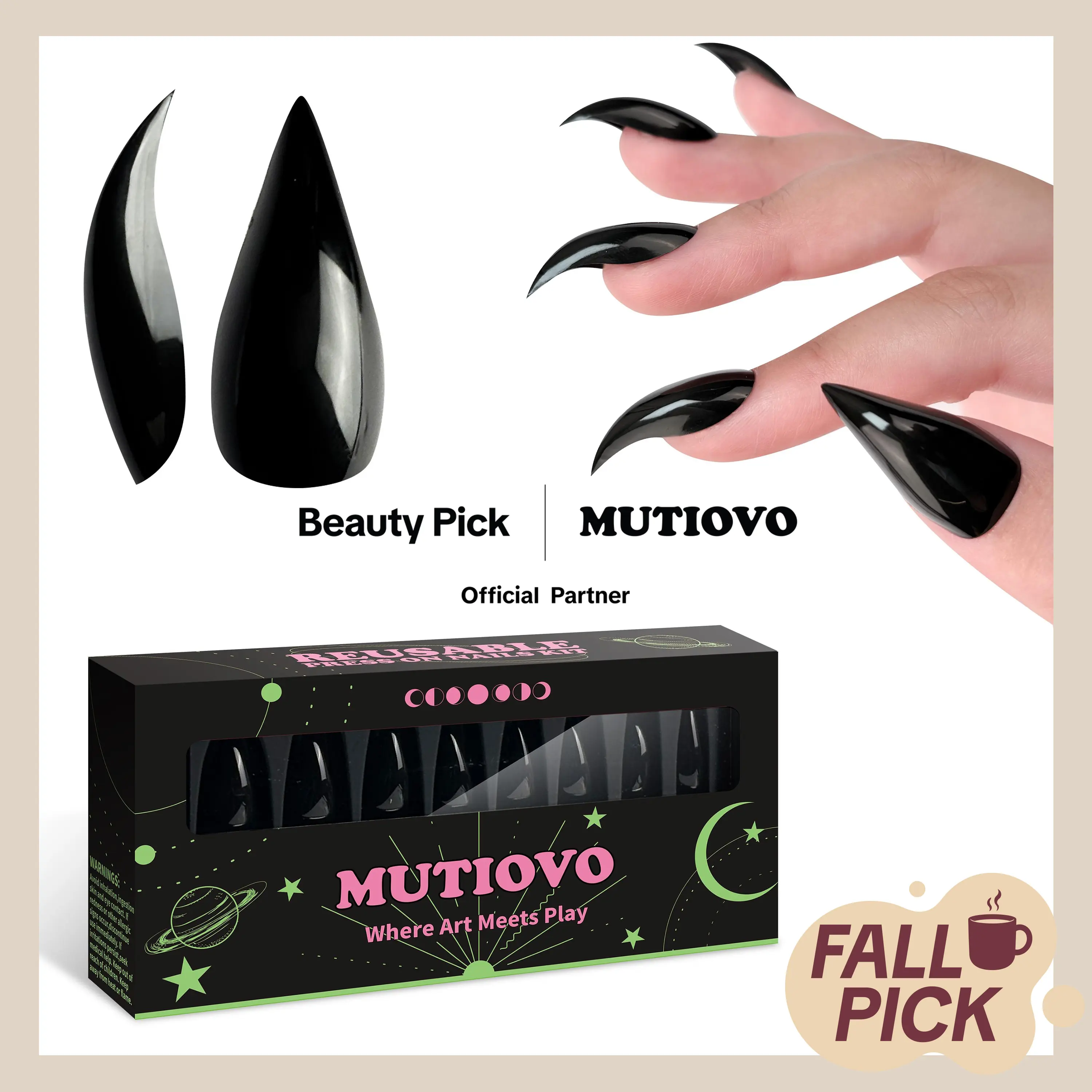 MUTIOVO Halloween Reusable Press on Nails Cat Claw Short Curved Stiletto - Black 3D Fake Nails with Built-in Apex, 16 Sizes, Jelly Adhesive Tabs & Nail File for  Cosplay & Daily DIY (No Liquid Glue)