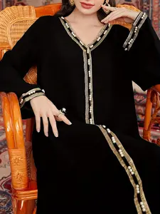 Women's V-Neck Arabic Pattern Imitation Pearl Beaded Dress, Muslim Women Gowns, Elegant Turkish Robe, Stylish and Comfortable Fashion Wear