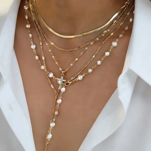 5-Piece Y-Shape Necklace Set, Elegant Simulated Pearl Cross Pendant, Layered Bling Necklaces for Women, Jewelry Necklace Gift for Dating, Vacations and Parties, Faux Pearl Necklace
