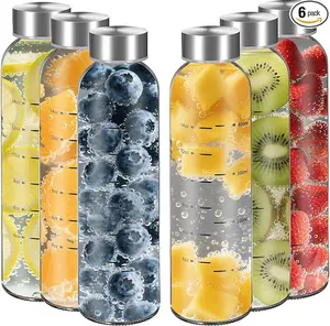【WINSA】 Reusable Glass Juice Bottles 17oz 25oz 4Pack 6Pack Clear Water Bottle with Stainless Steel Cap 100% Leak Proof BPA Free Drinkware Washable Tumbler for Refrigerator Bottled Valentine's Day Gift