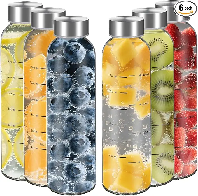 【WINSA】 Reusable Glass Juice Bottles With Lids 17oz 25oz-4Pack- 6 Pack, Clear Water Bottle, Juicing Bottles Reusable Glass With Stainless Steel Cap, D