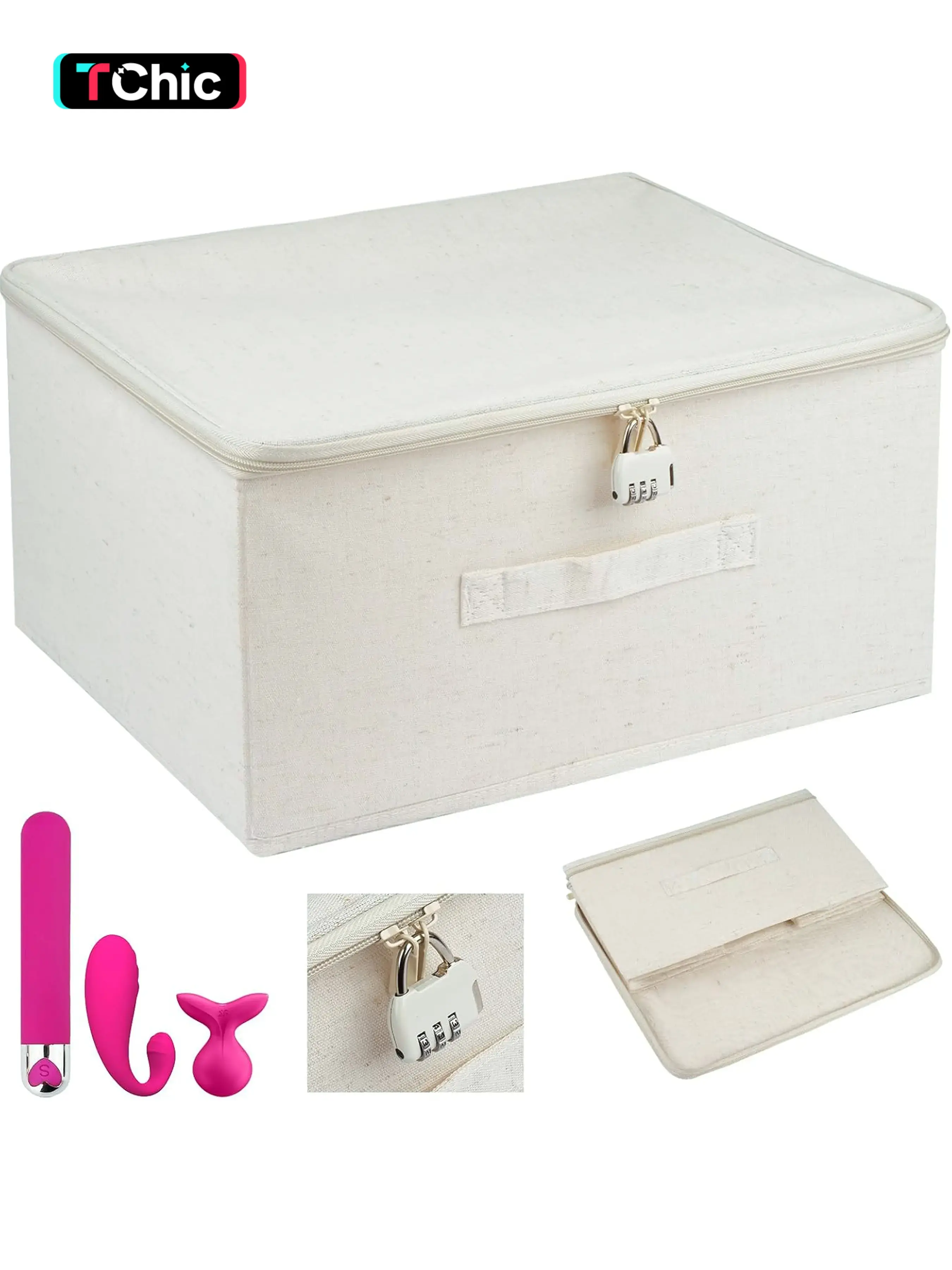 Lockable Adult Toy Bag Storage Organizer, Beige Toy Bag Storage Bins with Zipper Lid, 15 x 10.2 x 6.3 Inches Toy Storage Organizer Case for Women and Men Clothes Container, Lockable organizers