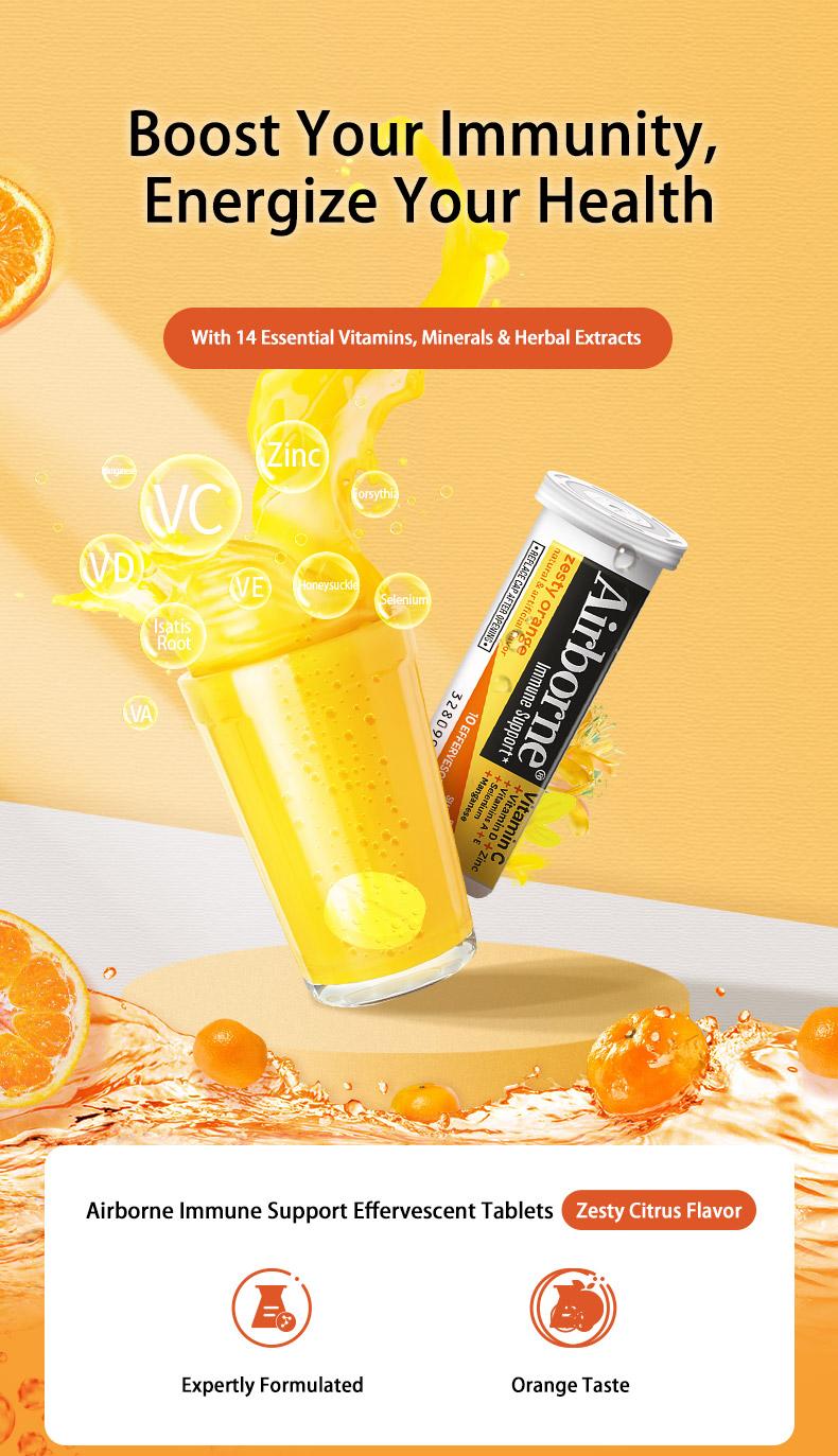 Airborne 1000mg Vitamin C with Zinc, SUGAR FREE Effervescent Tablets, Immune Support Supplement with Powerful Antioxidants Vitamins A C & E Healthcare Fitness