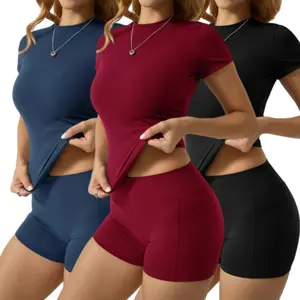Women's 2-Piece Gym Shorts Set - Short Sleeve T-Shirt & High-Waisted Shorts with Pockets for Yoga & Outings - Soft & Breathable Sports Set for Summer Activities