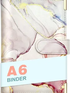 A6 Refillable 6 Ring Faux Leather Budget Binder,Mini Notebook Binder Cover for A6 Filler Paper,Loose Leaf Personal Planner Binder Cover with Magnetic Buckle Closure (Marble Pink)