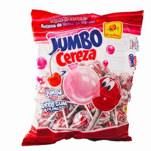 De La Rosa Jumbo Cereza Large Hard Candy Treat with Chewy Bubble Gum Center Sweet Delicious Cherry Flavor