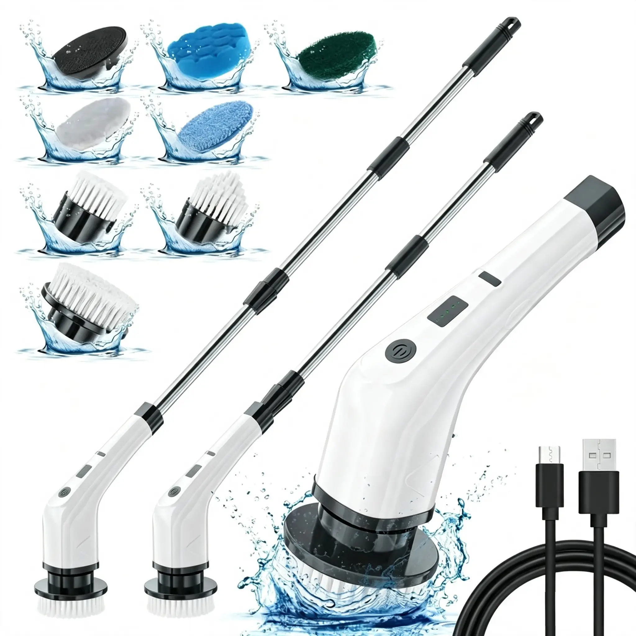 Electric Spin Scrubber with Long Handle, Cordless Bathroom Cleaning Brush, 8-in-1 Replaceable Brush Heads, Waterproof Power Scrubber for Shower, Tub, Tile, Floor & Kitchen