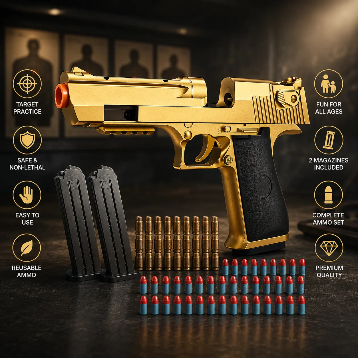 Toy Gun Gold Toy Pistol Shell Ejecting Soft Bullet Gun, Foam Pellet Toy Pistol for Ages 14+