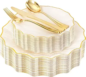 150PCS Ivory and Gold Plastic Plates with Gold Disposable Silverware for 30 Guests, Vintage Ivory Plastic Plates Include 30 Dinner Plate,30 Dessert Plate,90 Cutlery for Bridal Shower, Party