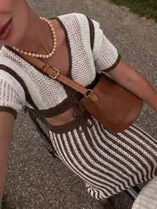 Elegant Women's Spring Summer Casual Beach Travel Set, Striped Knit Drawstring Flounce Sleeve Fitted Top with Midi Skirt, Stylish Two-Piece Womenswear Ensemble Lady