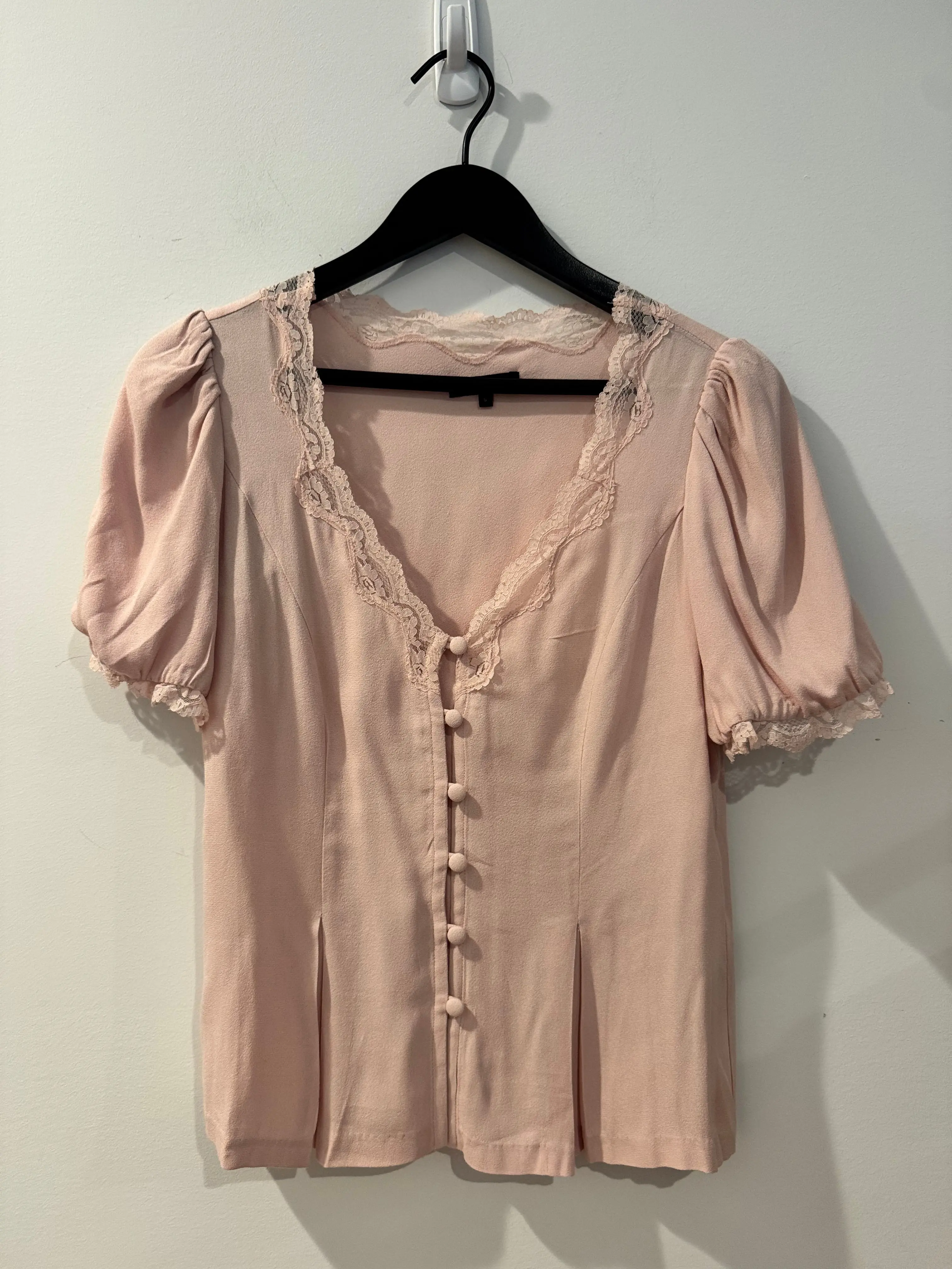 Quince Crepe Lace Puff Sleeve Blouse, Size Small
