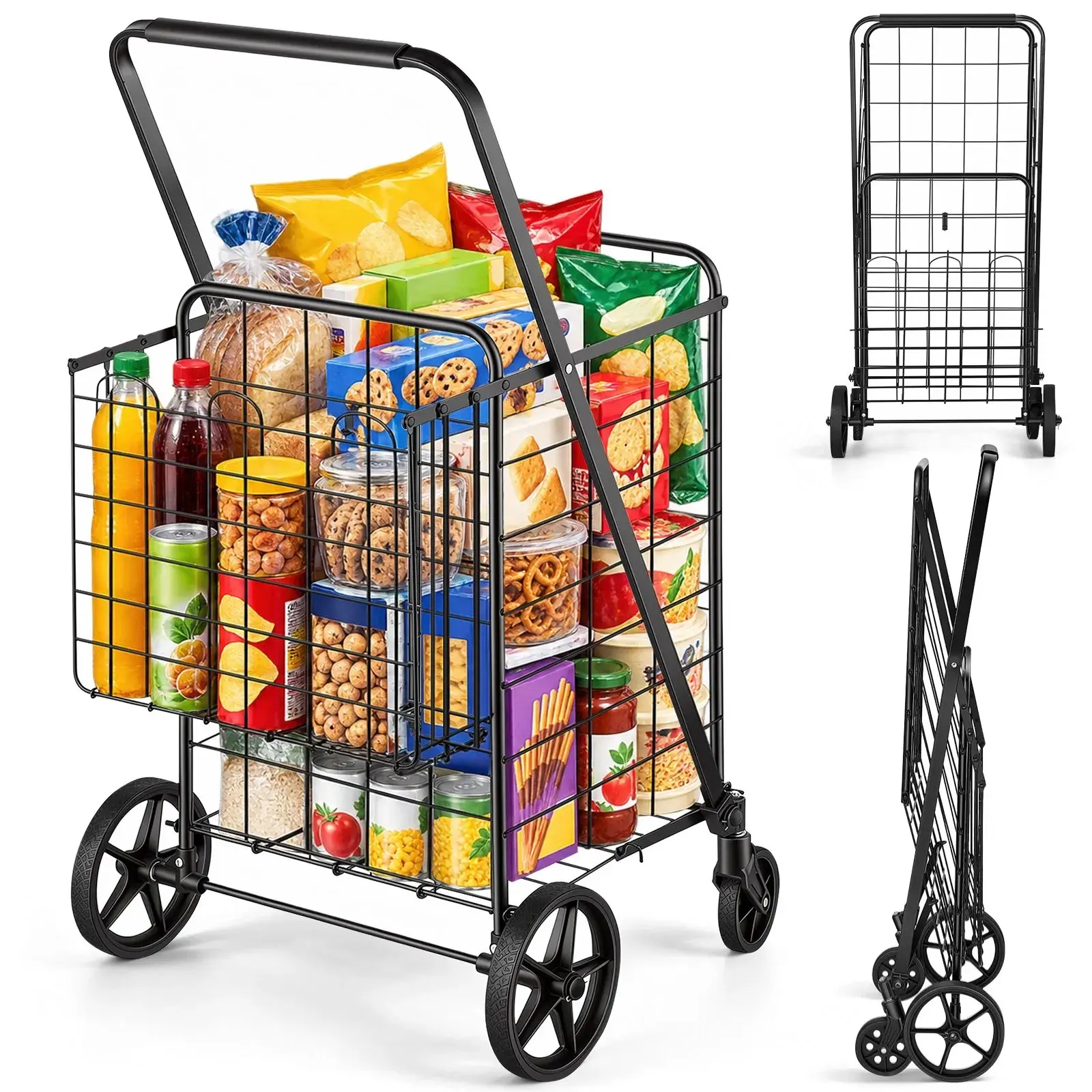 【Auction】VEVOR Folding Rolling Cart Organizer Trolley, Jumbo Double-Basket Heavy-Duty Unit with 360° Swivel Wheels, 110 lbs Large Capacity for Shopping, Laundry, Rolling Cart Organizer Trollies