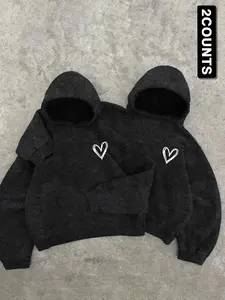 Men Women Couple Sweatshirt Set, Spring Fall Winter Thin Long Sleeve Top, Heart Print Casual Fitted, Daily Wear & Small Gatherings Clothes