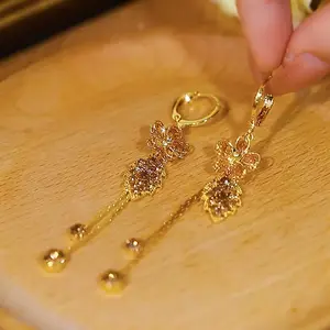 Floral Leaf Tassel Earrings 14K Gold Plated Sparkling Zircon Design, Chic Statement Jewelry Unique Fashion Earrings New Arrival DZEH2601