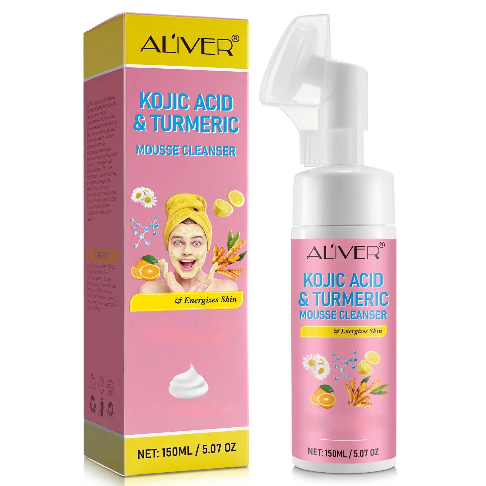 ALIVER Kojic Acid & Turmeric Mousse Cleanser 150ml - Deep Cleaning, Moisturizing Facial Cleanser, Deep Cleaning for All Skin Skincare