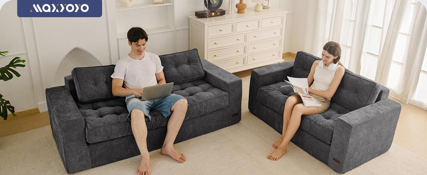 MAXYOYO Boneless Sofa Couch, Loveseat Sofa for Small Space, Tufted 3-Seater Floor Couch Bean Bag Chair for Living Room Bedroom Apartment, Sofa in a Box, No Assembly Needed