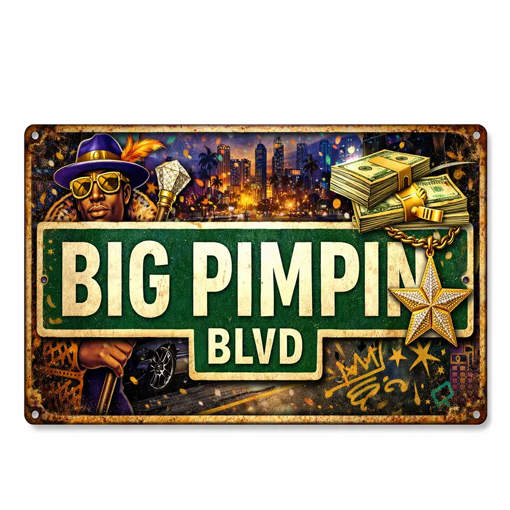 Funny Big Pimpin Blvd 8×12 in Metal Tin Sign with Neon & Bold Typography - Vintage Wall Decor for Garage Bar, Gaming Room - Hip Hop Street Art Birthday Gift for Room Decor Enthusiasts