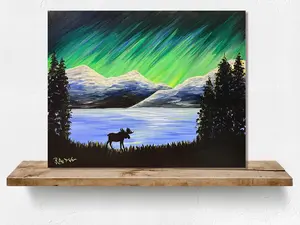 Northern Lights Moose - Original Acrylic Painting by Raette Meredith 16"x20" Unframed, Hanging Wire Attached Home Decor, Wildlife Aurora Borealis