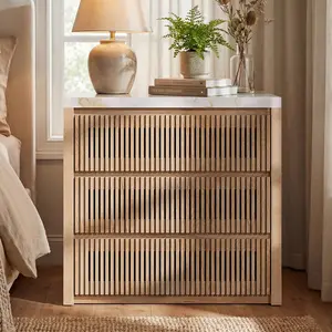 Sikaic 31.5” Wide Oversized Fluted Nightstand, Slatted 27.6”Tall Night Stands, Extra Large Wood Bedside Table, 3 Drawers, Mid-Century Modern End Table Bedroom, Living Room, Thickened