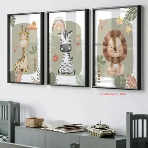 3-Piece Set: Giraffe, Lion, Zebra Animal Canvas Art Wildlife Safari Theme Wall Art Decoration Kindergarten Poster Modern Living Room & Nursery Home Decor High-Definition, Modern Minimalist Design, Waterproof, Artistic, Frameless