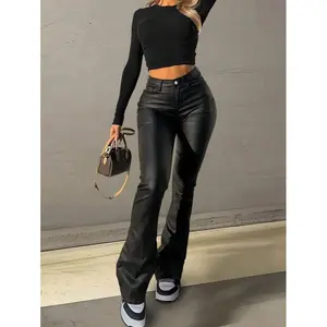 Spring Black American Style Faux Leather Flared Pants, Slimming And Leg-Lengthening, Fashionable For Young Women Bottoms Fabric