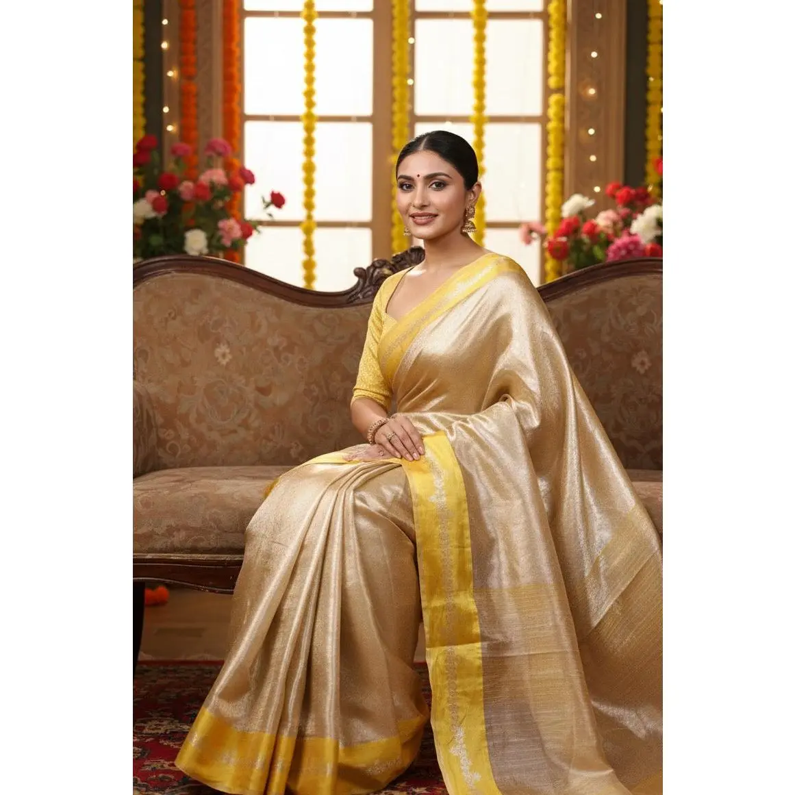 Aahana – The Golden Glow | Tissue Brocade Saree with Satin Border
