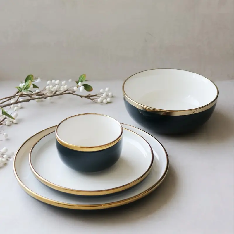 Marcel Ardani Luxury Blue Dinnerware Set – 4-Piece, Gold Trim, Dishwasher Safe