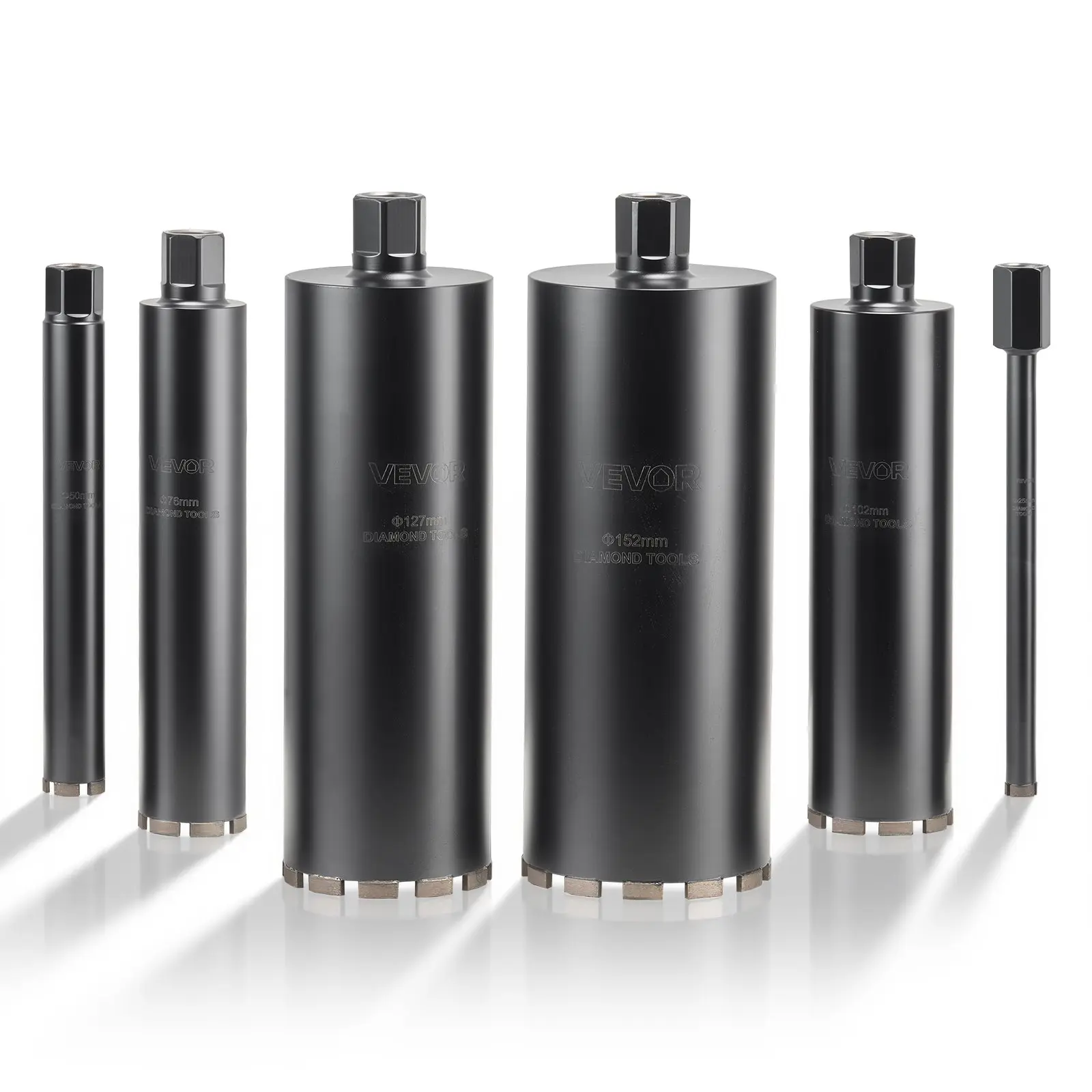 VEVOR 6-Piece Carbon Steel Wet Diamond Core Drill Bit Set Tool Kits, 1/2/3/4/5/6 in Diameter, 14 in Drilling Depth, 1-1/4 in-7 Internal Thread, Laser Welded High-Precision, for Reinforced Concrete, Bricks