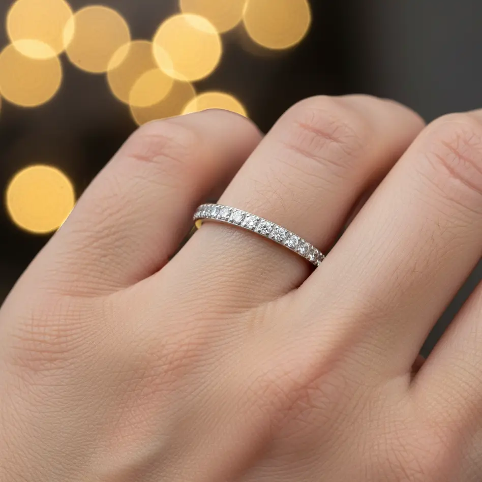 Titanium 2mm Thin Prong Set Round Clear CZ Half Eternity Ring Minimalist Promise Ring Women's Titanium Wedding Band Stacking Engagement Ring Lightweight Ring