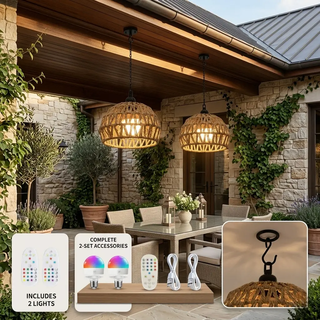 2-Pack Boho Jute Pendant Lights with Rechargeable RGB Bulbs, Remote & Adjustable Lighting Modes - Woven Hanging Lamp for Kitchen Islands, Outdoor Patio, Gazebos, Patio Decor