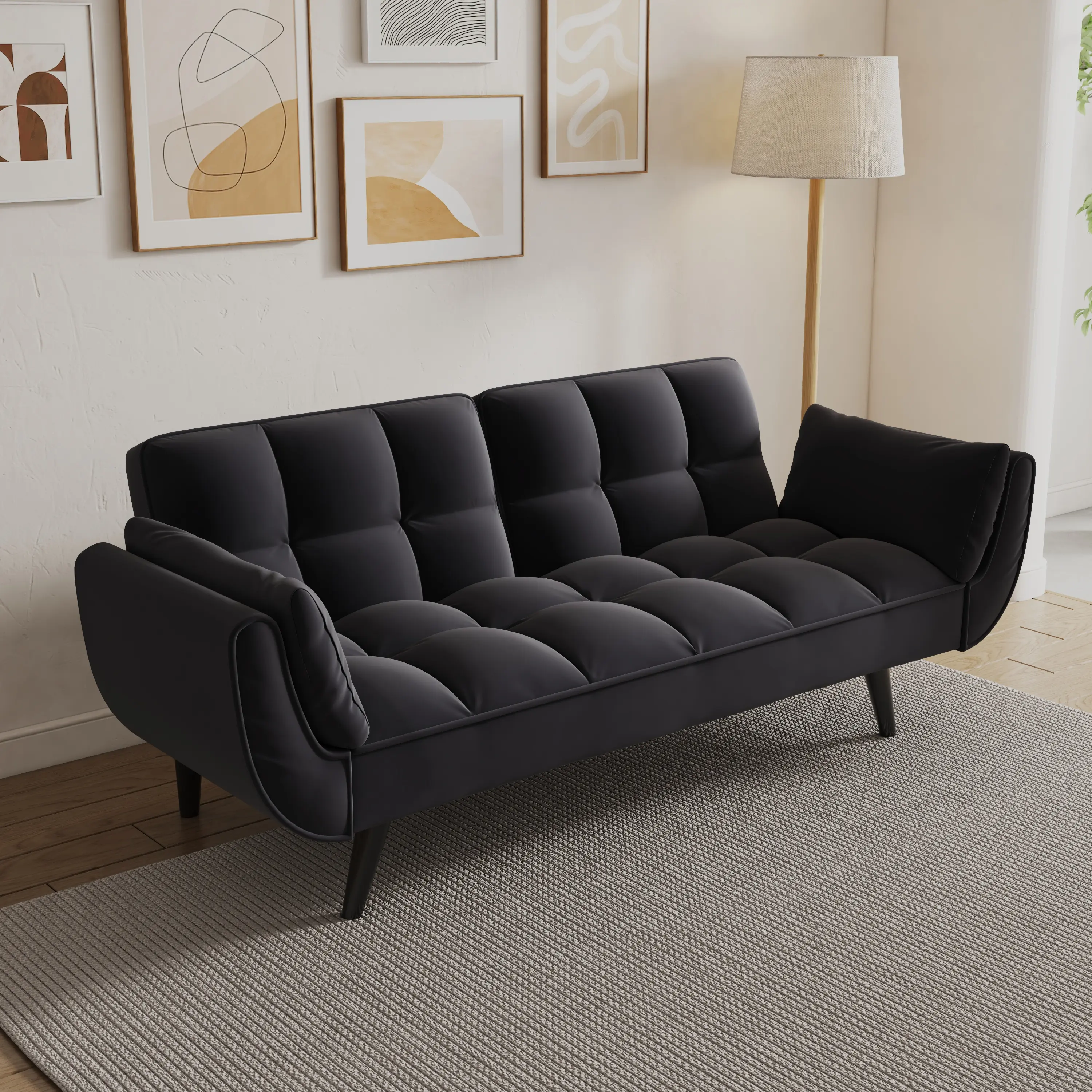 74" W Modern Velvet Futon Sofa Bed - Convertible Sleeper Couch with Adjustable Backrests and Solid Wood Legs for Living Room, Small Space (Black)