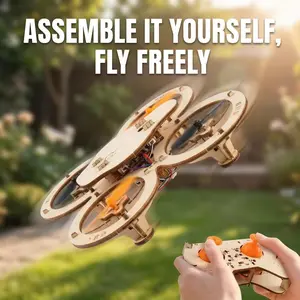 Sustainable Wooden DIY Drone Kit - High-Performance Quadcopter, 360° Stunt Roll, 2.4G Stable Link, Smart Hover STEM Toy for Junior Pilots
