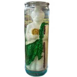 Saint Jude Gel Candle with Glitter Green Leaf Design and White Figure Inside VELADORA GEL SAN JUDAS Decoration