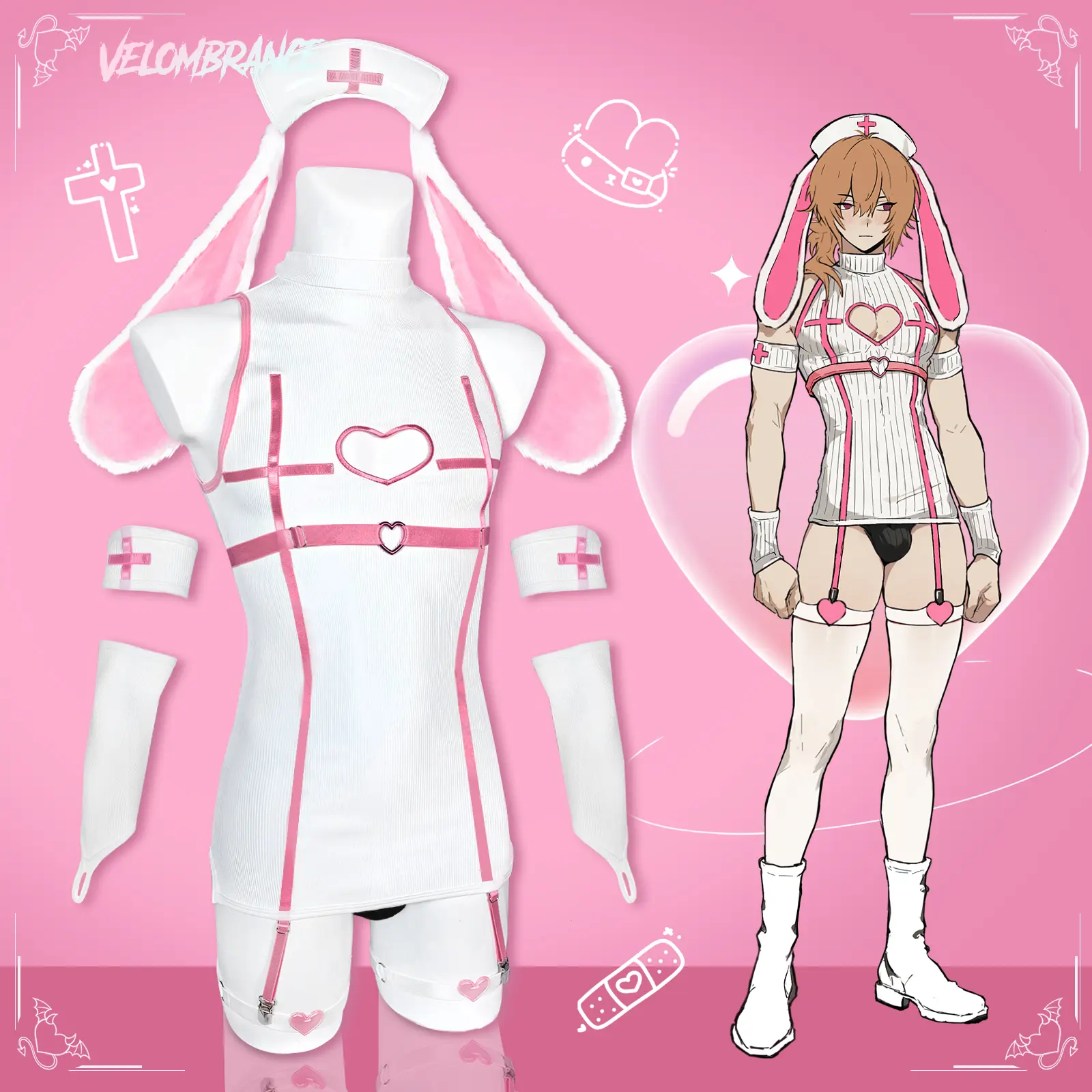 KORURACLUB Men Bunny Nurse Costume Set Pink White Party Outfit Halloween Fabric KORURACLUB Men Bunny Nurse Costume Set Pink White Party Outfit Halloween Fabric