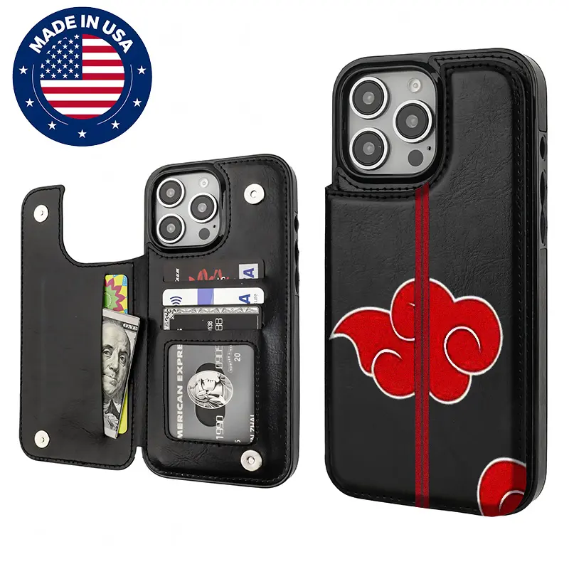 Naruto Akatsuki Cloud Fashion Customized Phone Case - TPU, PU Leather & Silicone Men's Accessory with Card Holder, Drop Protection, Shockproof, Anti-Scratch, Anti-Slip Surface, Beveled Edges for iPhone 16/15/14/13/12 Plus Pro Max