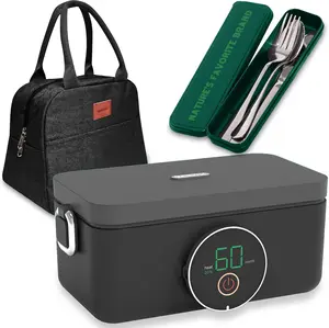 Oaktiv ThermoGo Self-Heating Electric Lunch Box – Cordless 60W Rechargeable Stainless Steel Food Warmer with Touchscreen Timer & Carrying Bag – Portable Bento for Work, School, Travel & Outdoors