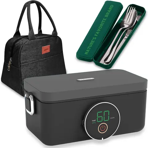 Oaktiv ThermoGo Self-Heating Electric Lunch Box – Cordless 60W Rechargeable Stainless Steel Food Warmer with Touchscreen Timer & Carrying Bag – Portable Bento for Work, School, Travel & Outdoors