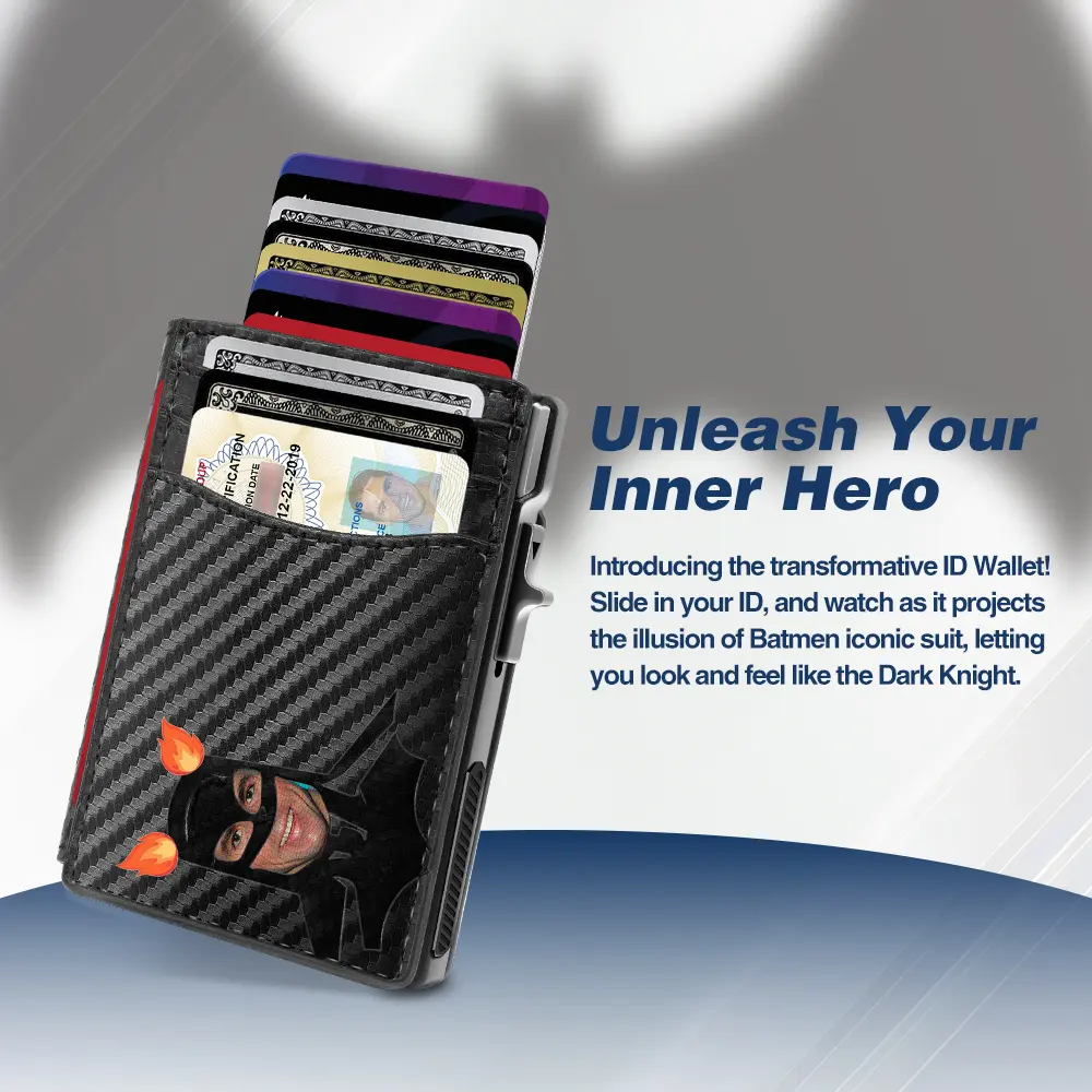 Mens Wallet with Hero Mask ID I RFID Blocking I 16 Cards I Money Clip I ID windows I Minimalist Metal Credit Card Holder Business Card Automatic Pop-Up Wallet