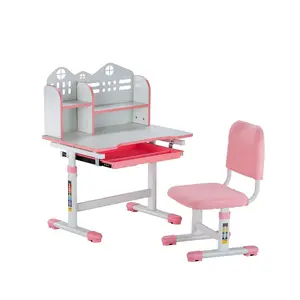 VEVOR Kids Study Chair and Desk Set, Study Desk and Chair for Kids with Bookshelf and Storage Drawer, Adjustable Height Kids Study Desk with Chair, Children Study Table for Bedroom Study Room, Pink
