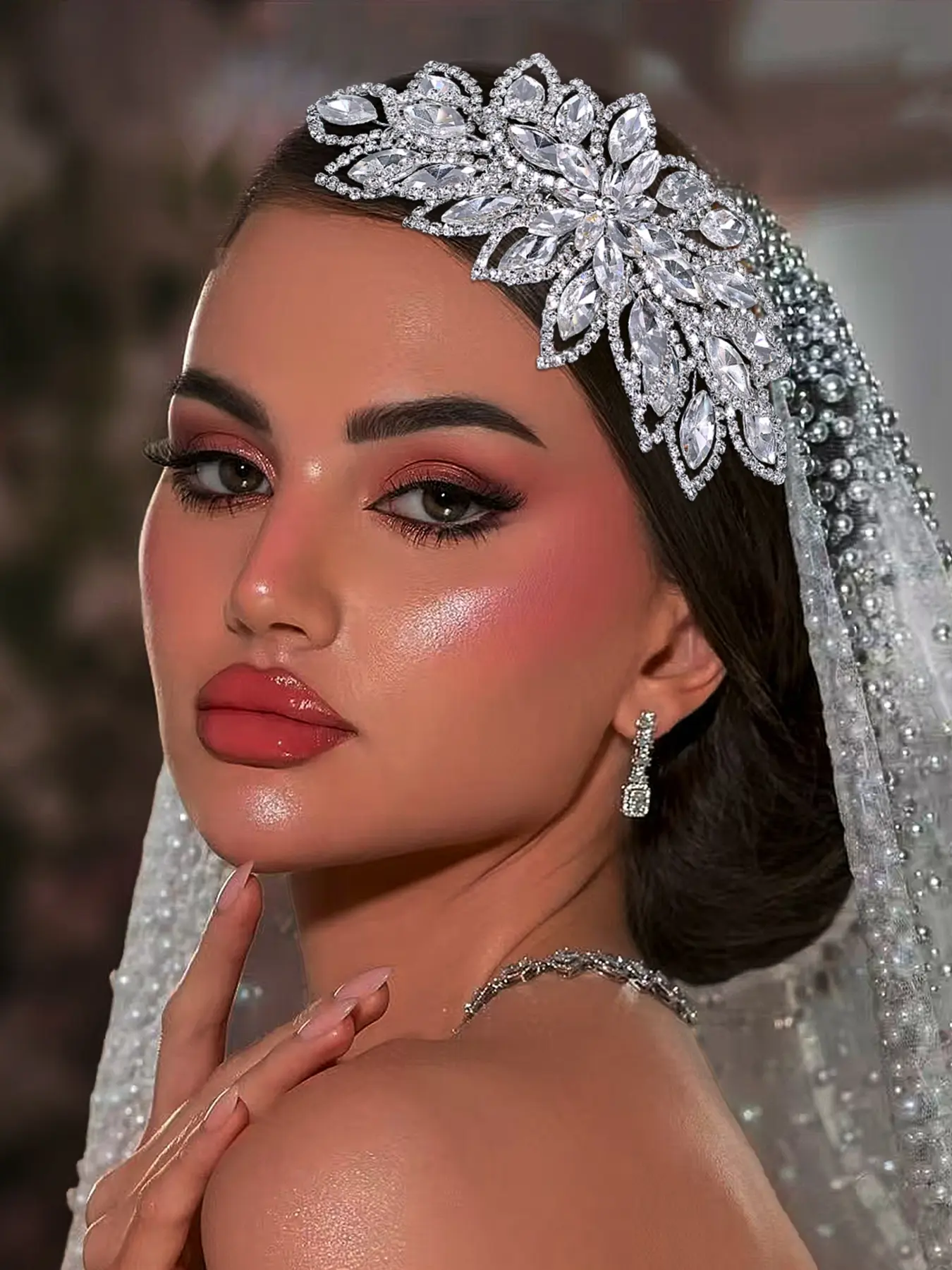 Silver Rhinestone Large Flower Bridal Bridesmaid Headpiece Gorgeous Wedding Banquet Women