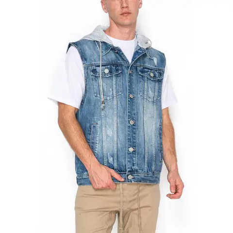 VICTORIOUS Men's Detachable Hood Cotton Denim Vest - Distressed Design, Front Pocket, Fleece Lining, Casual Menswear Top