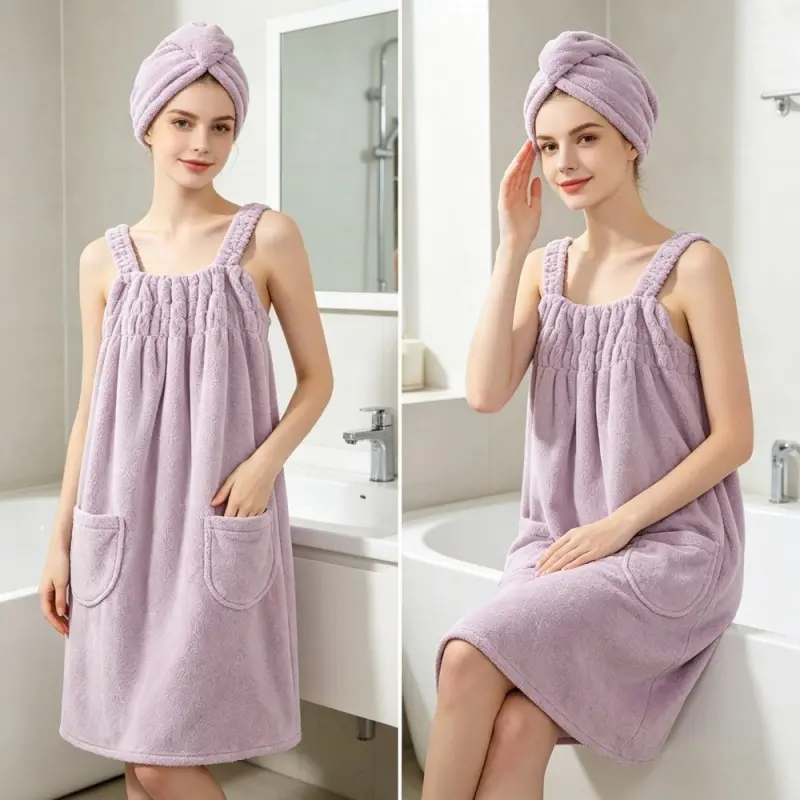 Camisole Bath Skirt & Hair Drying Cap Set - Absorbent Coral Fleece Body Wrap for Shower Swim Beach, Quick Dry Wearable Bath Dress for Gym Spa Hotel, Hands Free Towel Robe with Hair Turban for Women, Post Swim Bath Wrap for Travel Vacation Home Sauna